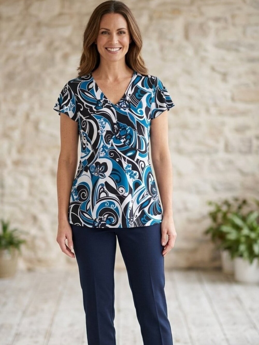 Perseption Blue Black & White Abstract V-Neck Short Sleeve Tunic L